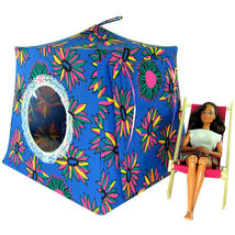 Blue Toy Pop Up Doll, Stuffed Animal Tent, 2 Sleeping Bags, Daisy Print Fabric - £19.57 GBP