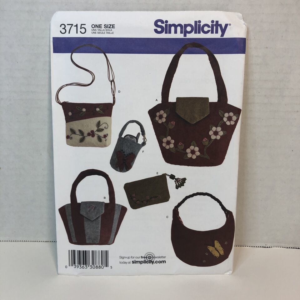 Simplicity 3715 Washed Felt Accessories Bag Purse Tote Clutch - $12.86