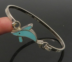 MEXICO 925 Silver - Vintage Turquoise Dolphin Hook Bangle Bracelet - BT9210 - £65.37 GBP