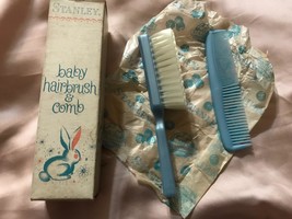 NIB VINTAGE STANLEY BABY HAIRBRUSH AND COMB SET SHIMMERY IRIDESCENT BLUE... - $58.41
