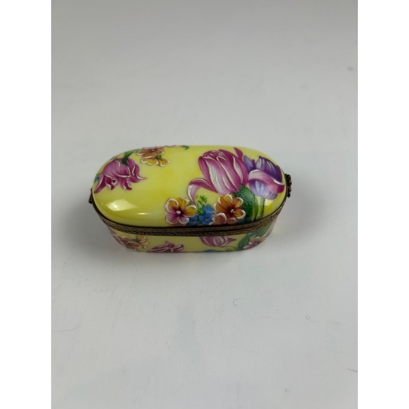 Rochard Limoges France Trinket Box Raised Floral Hand Painted Yellow Oval - $224.99