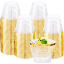 100Pcs Gold Plastic Cups,9 Oz Clear Plastic Cups With Gold Trim, Heavy-Duty Disp - £12.60 GBP
