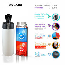 Aquatix Powdered White Insulated FlipTop Sport Bottle 21 ounce Stainless Steel - £15.29 GBP