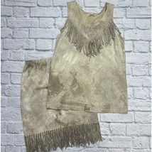 Vintage SIGI G.D.S. Skirt Tank Set Size M Beige Tie-Dye Fringe Boho Stretch - £51.76 GBP