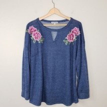 Pleione | Navy Blue Pink Rose Floral Embroidered Top, size 2X - £12.93 GBP