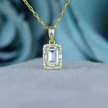 2Ct Emerald Cut Simulated Moissanite Halo Pendant 14K Yellow Gold Plated 18&quot; - £39.45 GBP