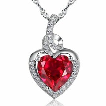 2.00 Ct Heart Cut Created Ruby &amp; Diamond Pendant Necklace 14K White Gold Silver - £58.47 GBP