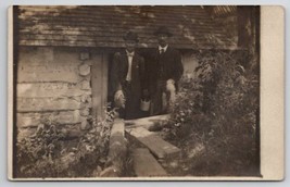 RPPC Two Dapper Gentlemen At Log Cabin With Wiskey Jug Real Photo Postcard P26 - £11.23 GBP