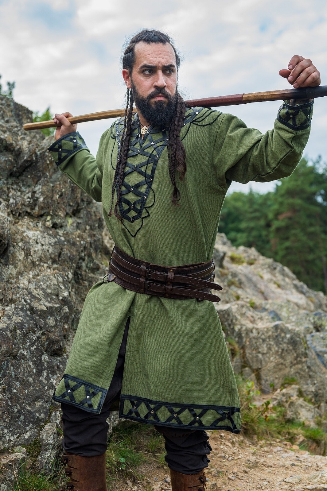 Green Viking Tunic with Real Leather Accents – Authentic LARP &amp; Ren Fair... - $99.99+