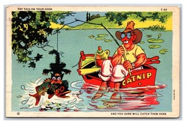 Comic Fisherman Takes HIs Cat Fishing Linen Postcard S1 - $4.90