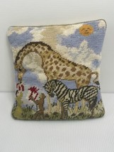 Katha Diddel Vintage Giraffe Zebra Scene Needlepoint Pillow 9 Inch 1986 Wool - £25.68 GBP