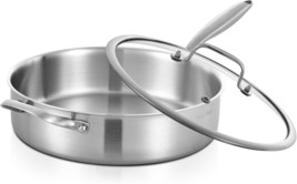 6 QT Tri Ply Stainless Steel Saut Pan with Lid 12 Inch Deep Frying Pan Large Ski - £79.89 GBP