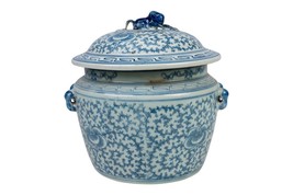 Vintage Floral Blue &amp; White Chinoiserie Porcelain Rice Jar with Lid 9&quot; Tall - $158.39