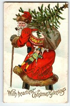 Santa Claus Christmas Postcard Old World Long Coat Walking Stick Tree Drum Toys - £16.04 GBP