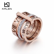 Kalen 2017 Rhinestone Rings For Women Stainless Steel Gold Roman Numerals Finger - £13.74 GBP