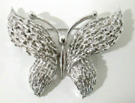 Vintage Trifari Butterfly Brooch Pin Silver Tone Textured &amp; Shiny Signed  - £31.28 GBP