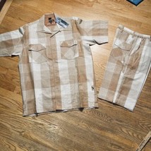 NWT RAW BLUE Button Up Shirt &amp; Shorts Mens L Shiny Short Sleeve Check Brown Tan - £14.19 GBP