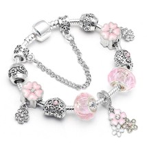 Spring Style Flower Beads Charm Bracelets For Women With silver-plate Chain Brac - £14.08 GBP