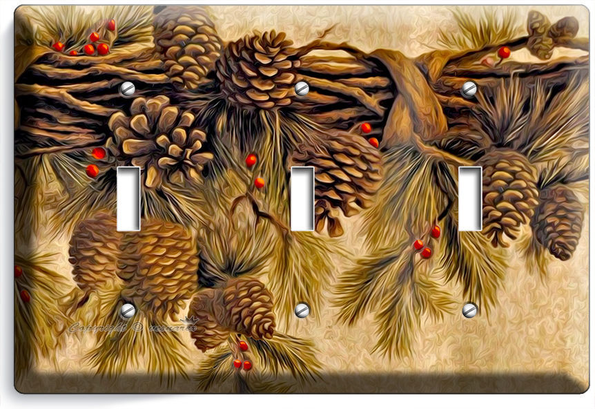 PINE CONES TRIPLE LIGHT SWITCH WALL PLATE COVER HOME WOOD CABIN ART RUSTIC DECOR