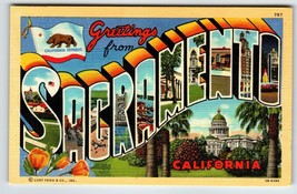 Greetings From Sacramento California Large Big Letter Linen Postcard Cur... - $6.95