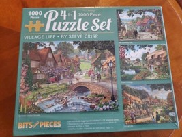 Bits And Pieces &quot;Village Life&quot; 4 In 1 - 1000 Piece Puzzle Set With Poste... - $16.98