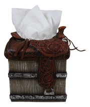 Rustic Western Faux Leather Cowboy Horse Saddle On Crate Tissue Box Holder Cover - £30.36 GBP