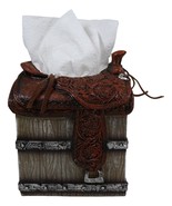 Rustic Western Faux Leather Cowboy Horse Saddle On Crate Tissue Box Hold... - $52.06 CAD