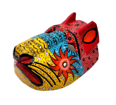 Handmade Carved Wood Cat Mask Jaguar Leopard Guatemala Mexico Folk Art Vintage 1 - £68.13 GBP