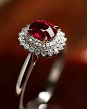 14k White Gold Plated 3 Ct Oval Simulated Red Garnet Engagement Double Halo Ring - £61.11 GBP
