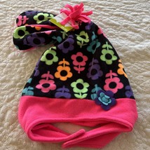 NEW Jumping Beans Girls Black Pink Green Purple Flowers Fleece Hat Mittens 2T-4T - £9.83 GBP