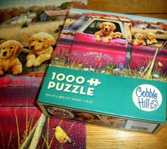 Jigsaw Puzzle 1000 Pcs Cobble Hill Farm Golden Puppy Dogs Vintage Truck Complete - £11.07 GBP