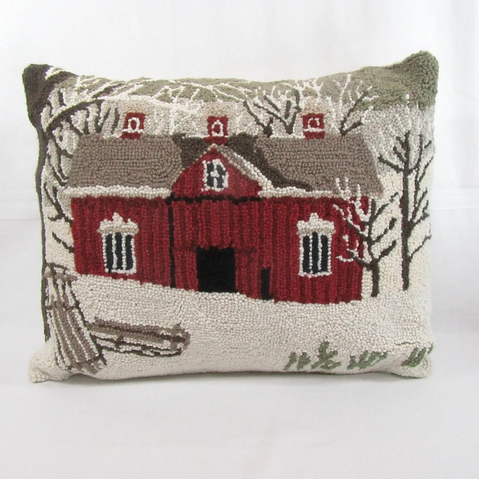 Peking Handicraft Snowy Barn Hooked Wool Decorative Pillow - £59.32 GBP