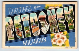 Greetings From Petoskey Michigan Large Letter Postcard Linen Unused Curt Teich - £9.39 GBP