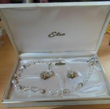 Vintage Elco Aurora Borealis Crystal Necklace &amp; Clip-On Earring Set Estate Find - £52.41 GBP