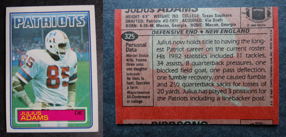 Primary image for 1983 Topps #325 Julius Adams Patriots Misprint Error Oddball Football Card