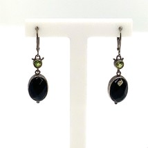 Vintage Sterling Handmade Oval Black Onyx and Peridot Dangle Earrings Signed - £35.72 GBP