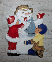 VTG Handmade Stoneware Enamel Children Building Snowman Christmas Ornament 1985 - $9.49