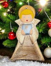 Vintage Golden Angel Christmas Tree Ornament with Present Hand Painted - £11.09 GBP