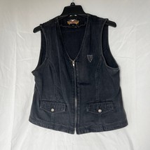 Vintage Women&#39;s Harley Davidson Black Denim Zip Up Vest Large - $51.73