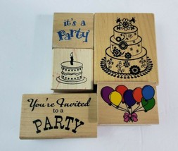 Wood Block Stamps Lot 5 - Party Birthday Themed - Balloons, Cake, Words - £10.24 GBP
