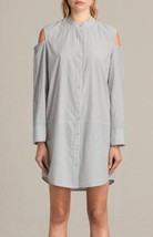 $154 ALL SAINTS Floria Stripe Shirt Dress S long sleeve cold shoulder blue mini - £23.59 GBP