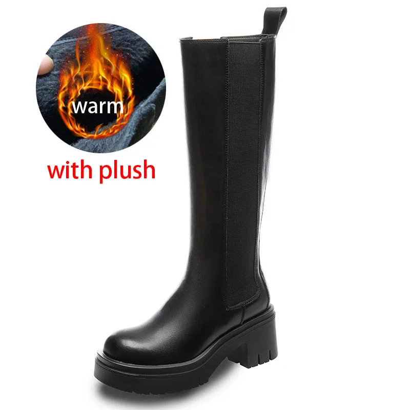 Black Leather Women Knee High Boots  Warm Plush Long  Chelsea Boot Goth Botas  P - £245.08 GBP