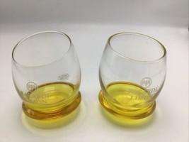 Bacardi Limon Roly Poly Glasses Pair Slant Top Yellow Curved Bottom Bat Logo  - £16.84 GBP