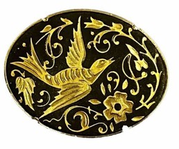 Vintage Damascene Bird Motif Metal Carved Brooch Pin Trombone Clasp - £14.08 GBP
