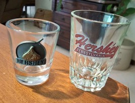 Lot Of 2 Vintage Hershey Chocolate Heavy Shot Glasses with Kiss Medallion - $8.41