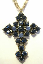 Blue Rhinestone Cross Pendant Necklace Designer Quality Vintage Filigree Design - £27.52 GBP