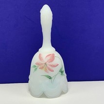 Fenton glassware vtg depression glass bell figurine milk signed pink lily flower - £50.95 GBP