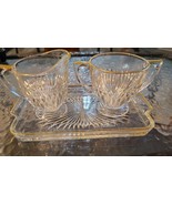 Vintage Jeannette Glass Open Sugar Bowl &amp; Creamer With Glass Tray, Gold ... - $260.16 MXN