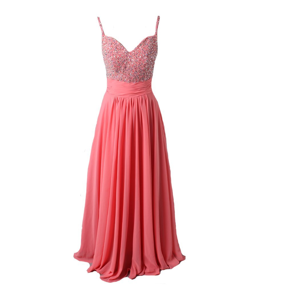 Kivary Women's V Neck Beaded Coral Long A Line Corset Prom Evening Dresses with