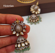 Indian Gold Plated Bollywood Victorian Style CZ Emerald Earrings Jhumka Set - £60.74 GBP